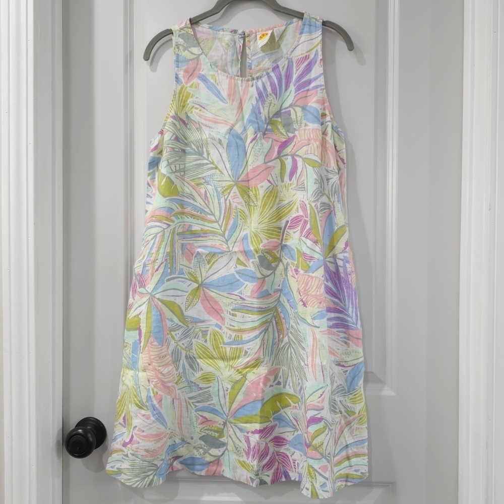 C&C 100% Linen Multicolor Tropical Pastel Sleeveless Trapeze Dress W/ Pockets - Picture 3 of 11